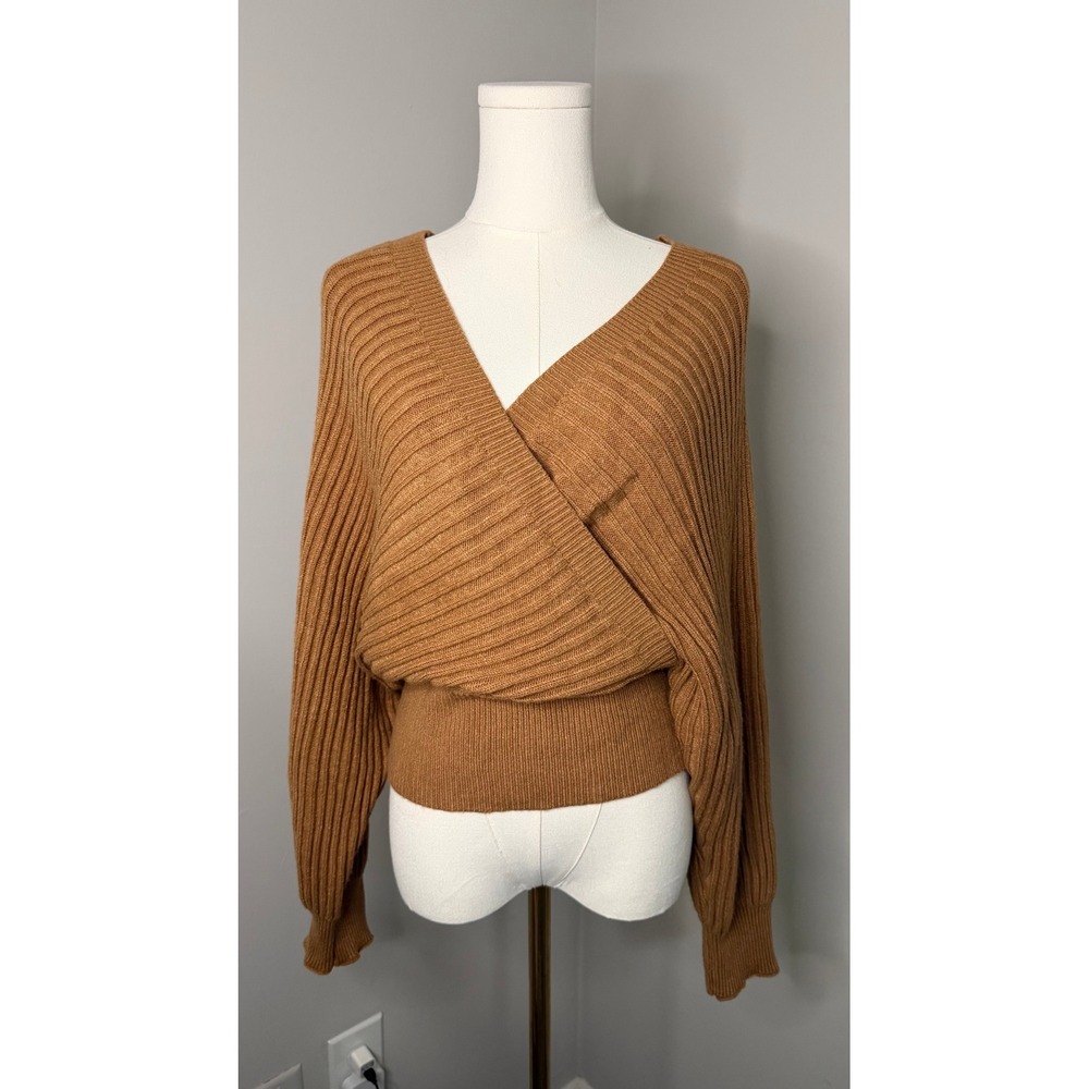 Sweater V-Neck Ribbed Knit Wrap Camel Brown Back Dolman Sleeve Size Large